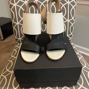 Vince: wrap sandal bone, black and white wedge heel